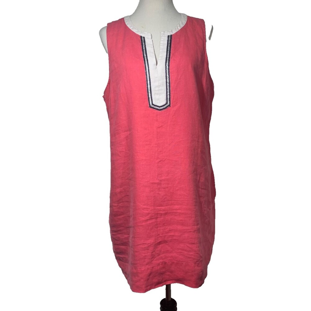 Tommy Bahama Two Palms Colorblock Linen Shift Dress Pink L Embroidered V Neck